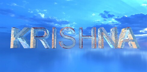 The name of the Creator Krishna consisting of water over the sea surface against the blue sky. 3d rendering.