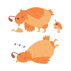 Quail Bird with Crest and Feathers Sleeping and Picking Seeds Vector Set