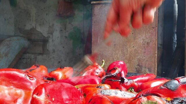 Roasting red peppers for a smoky flavor and quick peeling. Thermal processing of the pepper crop on metal circle. Brazier container used to burn charcoal fuel for cooking or heating. Bulgarian pepper