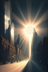Obraz na płótnie Canvas Epic sun morning light rays shines through big city streets