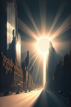 Epic Sun Morning Light Rays Shines Through Big City Streets