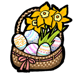 Easter basket with colorful chocolate eggs and spring flowers. Happy Easter celebration party for baby, kids, family. Cute lovely cartoon vintage illustration drawn by hand in old style.
