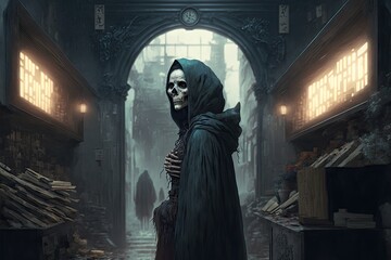 Fototapeta na wymiar Hooded skeleton character in dark alley
