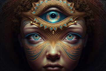 Third eye. Pineal gland concept. Mysterious female with three eyes. - obrazy, fototapety, plakaty