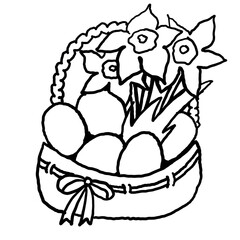 Easter basket with colorful chocolate eggs and spring flowers. Happy Easter celebration party for baby, kids, family. Cute lovely cartoon vintage illustration drawn by hand in old style.