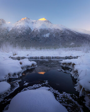 Lake in front of snowy mountain
