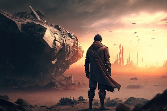 Back view of man with abandoned spaceship and futuristic city in the distance