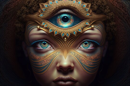 Third eye. Pineal gland concept. Mysterious female with three eyes.
