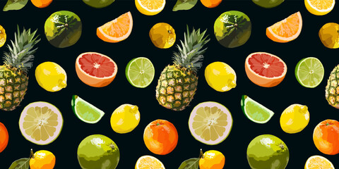 Citrus fruits and pineapple vector seamless pattern