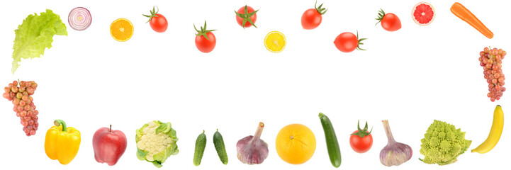 Wide frame of healthy fruits and vegetables isolated on white