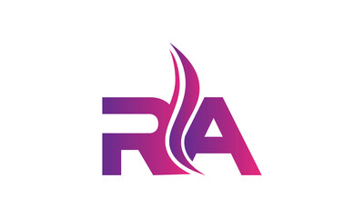 Purple RA R A letter logo with  Swoosh Design vector. RA logo design.  