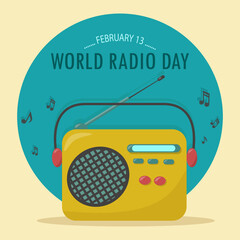 13 february world radio day vector greeting card with a retro yellow radio with speaker and antenna on a blue rounded background