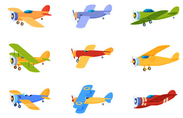 Old retro propeller planes. Airplanes for flight in the sky among the clouds. Vector illustration