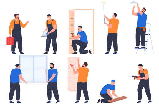 Professional craftsmen carry out repairs in an apartment, a house. Construction and repair of residential premises. Vector illustration