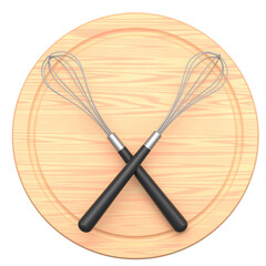 Set of whisk with wooden handle for blending isolated on wooden board.