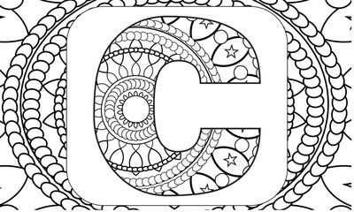Letter C. Dudling drawing, mandala. Alphabet in the style of dudling, letters of the alphabet. Drawing from the branches of leaves, flowers.