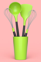 Silicon kitchen utensils, tools and equipment in holder on pink background.