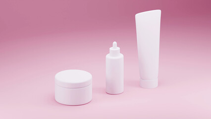 Blank 3D cosmetic packaging mockup with pink background: face cream, face oil/serum, tube. JPG