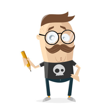 funny cartoon illustration of a graphic illustrator holding a pencil