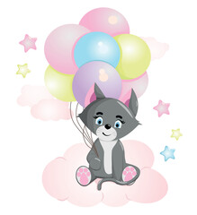 Cute cat. Funny illustration of a kitty with balloons. Baby Hare