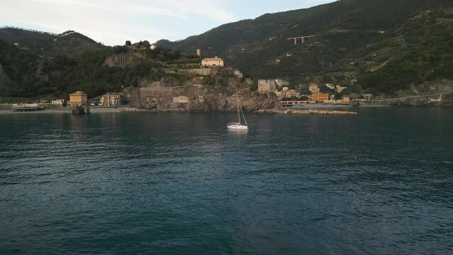 Wide aerial view of Monterosso - popular touristic town in Italy.