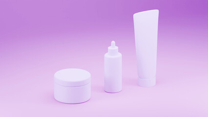 Blank 3D cosmetic packaging mockup with purple gradient background: face cream, face oil/serum, tube. JPG