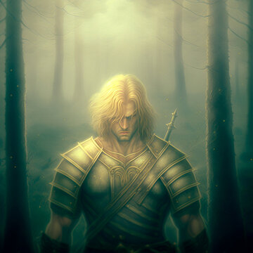 A male warrior in a mysterious misty forest. High quality photo