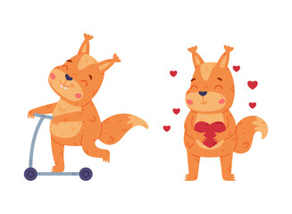 Funny Squirrel Character with Bushy Tail Riding Scooter and Holding Heart Vector Set