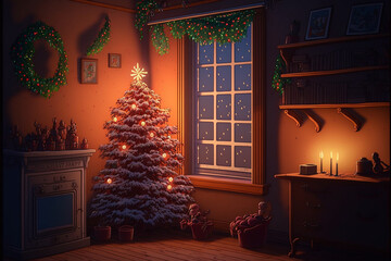 Illustration d'un sapin de noël illuminée dans une pièce d'une maison en hiver