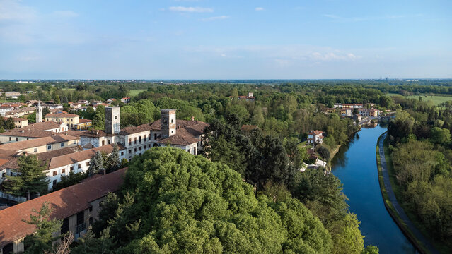 Aerial view Of the Naviglio Grande, Castelletto Di Cuggiono, near Milan, Italy
