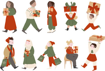 Happy merry people walking and carrying gift boxes, Christmas presents, bags, parcels after shopping in December, at Xmas and New Year eve. Flat png illustration isolated on white background