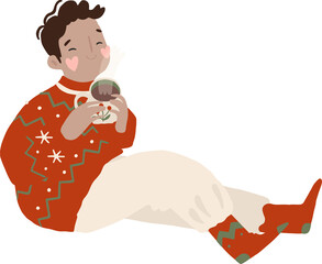 Cozy boy in Christmas sweater with cup of hot drink, coffee, cocoa, tea at home. Cute hand drawn woman, Winter holiday people illustration, flat cartoon style. Isolated on transparent background