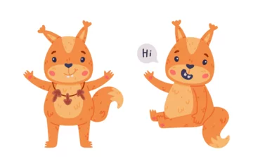 Meubelstickers Aap Funny Squirrel Character with Bushy Tail Saying Hi and Standing with Open Paws Vector Set