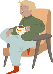 Cozy boy in Christmas sweater with cup of hot drink, coffee, cocoa, tea at home. Cute hand drawn woman, Winter holiday people illustration, flat cartoon style. Isolated on transparent background