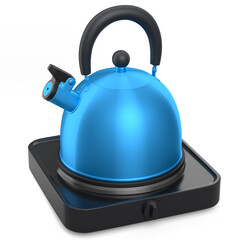 Portable camping electric stove and kettle with whistle on white background.