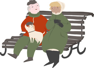 Elderly couple in warm clothes on the bench. Happy old man and woman talking. Winter weather outside time cartoon illustration, isolated png