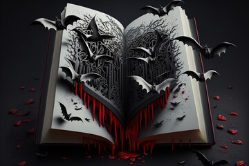 Vampire story comes to life, bats and blood coming out of a book. banner for world book day, reading month or national reading day