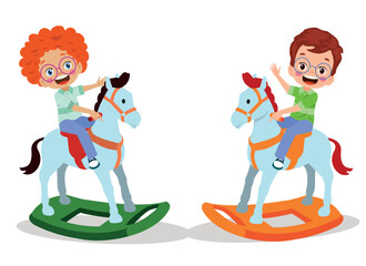 happy boy swinging on toy horse