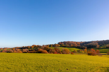 Colorful Autumn landscape of hilly countryside in Zuid-Limburg, Small houses on hillside with sunlight in the morning, Epen is a village in southern part of the Dutch province of Limburg, Netherlands.