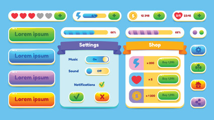 GUI Kit casual Assets for a game mobile phone, a set of elements for the game interface - vector UI objects. Set of user interface elements and pop-ups. Vector. © Inna