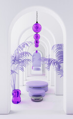 3d rendering illustration beautiful indoor space. Mirror, arch gallery. Creative concept for store, fashion boutique. Decoration with exotic plants palms. Showcase template