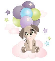 Cute dog. Funny illustration of a puppy with balloons. Baby Hare