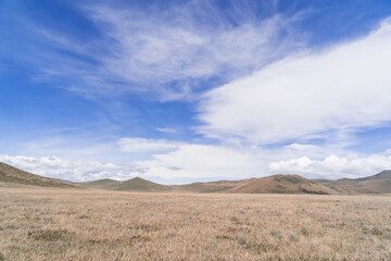 South America natural landscape with mountains, blue sky, green meadows, national park