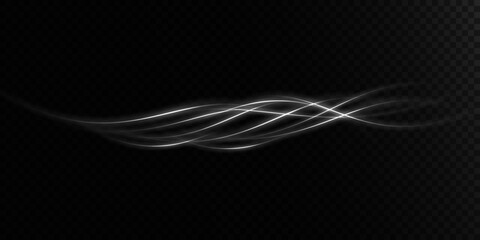 Abstract light lines of movement and speed in white. Light everyday glowing effect. semicircular wave, light trail curve swirl, car headlights, incandescent optical fiber png.