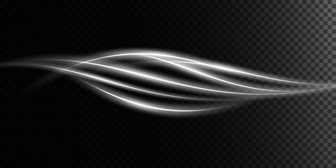 Abstract light lines of movement and speed in white. Light everyday glowing effect. semicircular wave, light trail curve swirl, car headlights, incandescent optical fiber png.