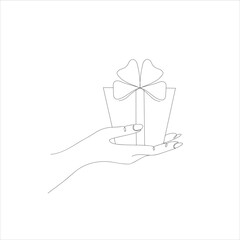 Presenting a gift drawn one line. Sketch. Continuous line drawing female hand with gift box. For Christmas, birthday, valentine, giveaway. Vector illustration in doodle style.