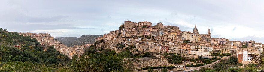 Fototapeta na wymiar Panoramic view of Ragusa Ibla, home to a wide array of Baroque architecture and scenic lower district of the city of Ragusa, Italy