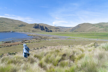 Fototapeta premium Free woman and traveler looking at a beautiful landscape in the mountains.