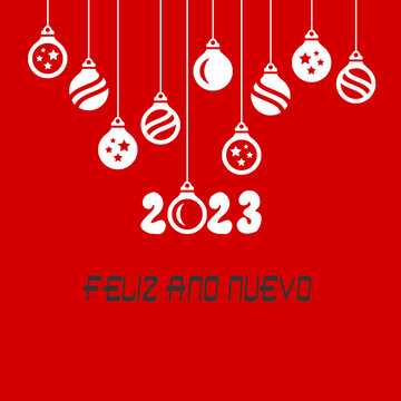 Square Wish Card 2023 Written In Spanish With White Christmas' Balls On A Red Background - 