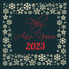 Fototapeta na wymiar Square wish card 2023 written in Spanish in red font with a lot of golden stars on a green background - 